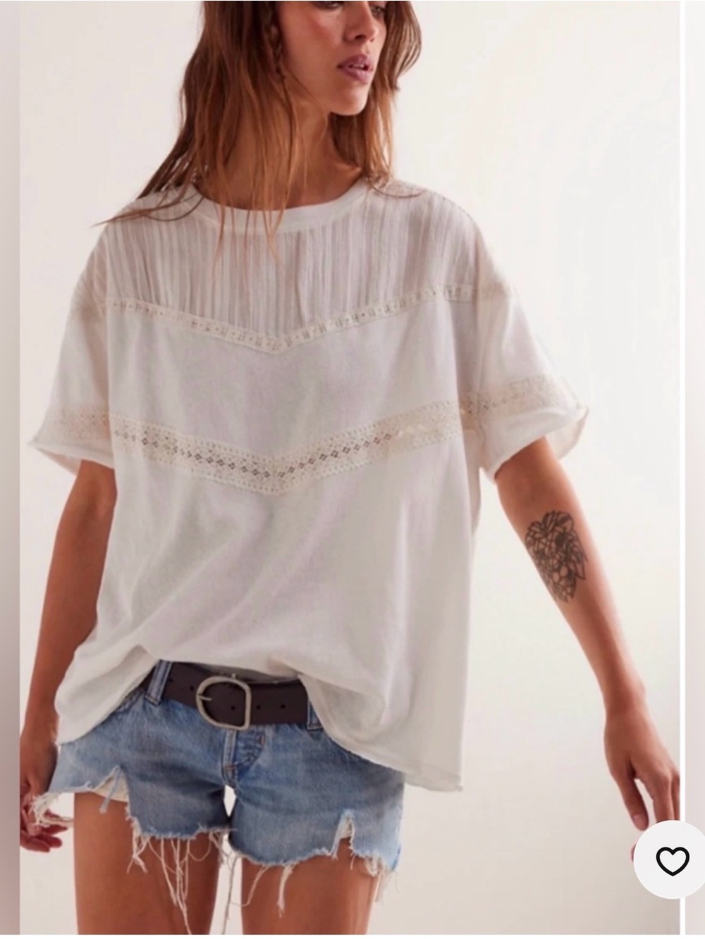 We The Free Cream Crochet-Trim Oversized Short Sleeve Tee large